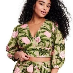 Target Agua Bendita Women Peony Tie Wrap Linen Crop Top 2X Tropical Summer